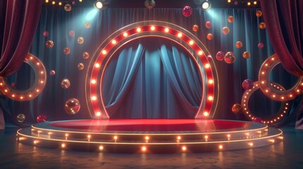 Circus stage podium background 3D carnival light red show curtain. Circus platform stage podium tent theater arena sign vintage spotlight circle stand bulb ringmaster ring cirque cartoon party cinema