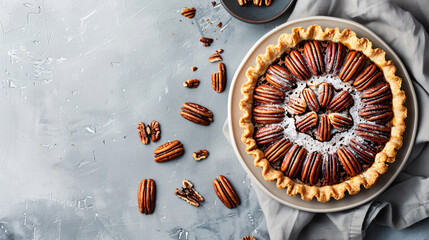 Plate with tasty pecan pie on grey background