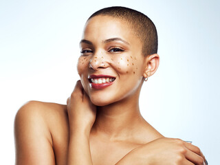 Beauty, glitter and portrait with happy black woman in studio on blue background for wellness....