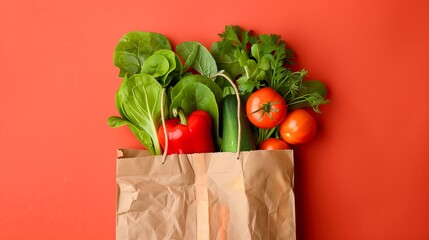 Healthy food background - fresh fruits and vegetables in paper bag on white. Food delivery, shopping concept