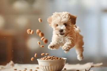 Close up a cute puppy jumping up to catch dog food from a bowl containing dry pets falling from the air, in a happy and playful mood, Adorable Pet Photo