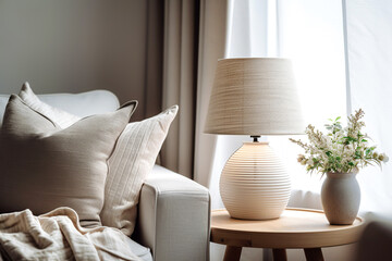 Close up of lamp on side table near sofa. Scandinavian, country interior design of modern living room, home.