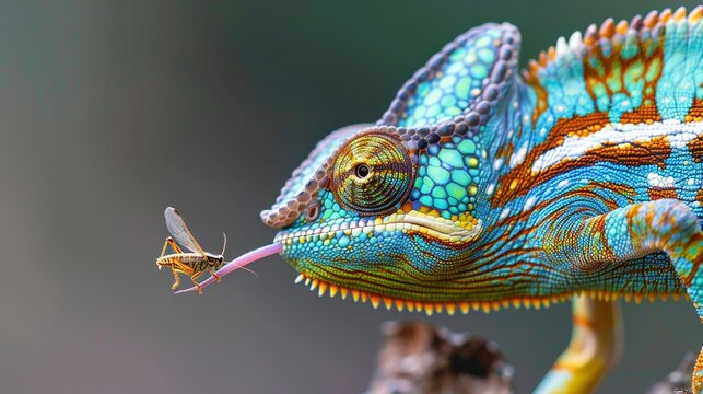 Macro photography  chameleon catching grasshopper with extended tongue in high quality image