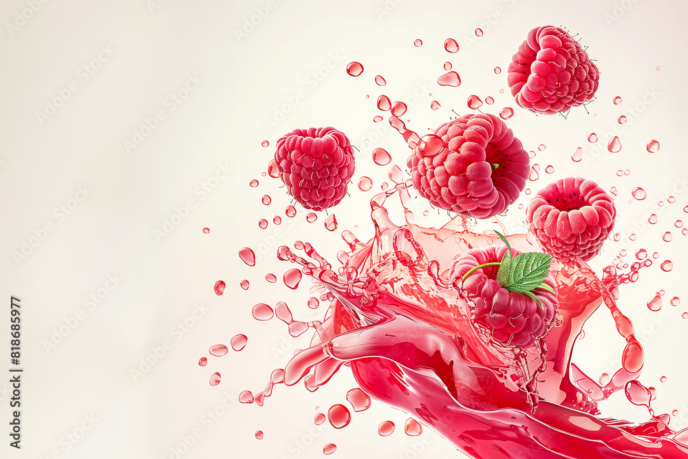 Wall mural red raspberries flying in water splashes on white background. sweet forest berry.