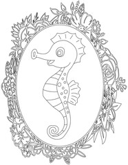 Seahorse in A Floral Frame Coloring Page. Printable Coloring Worksheet for Kids. Educational Resources for School and Preschool.
