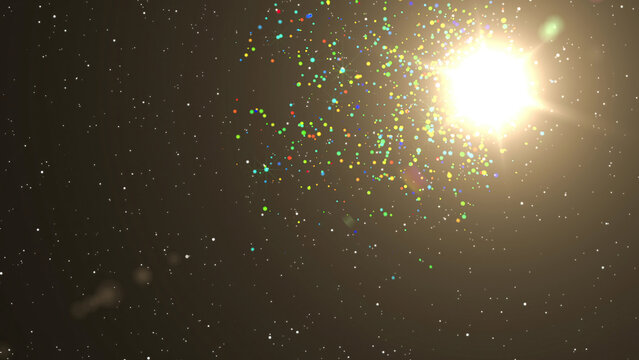 Perfectly seamless loop features glowing colorful particles sunlight  that float across the screen on stars sky. Motion graphic magic points beautiful on background.Sunlight flare ray floating sky