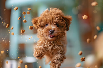 Close up a cute brown puppy jumping up to catch dog food from a bowl containing dry pets falling from the air, in a happy and playful mood, Adorable Pet Photo
