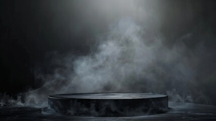 Podium black dark smoke background product platform abstract stage texture fog spotlight. Dark black floor podium dramatic empty night room table concrete wall scene place display studio smoky dust