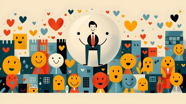 Positive Business Professional Surrounded by Smiling Faces and Hearts in Minimalistic