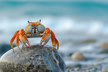 A small red crab sits on a rock at the beach.