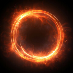 Abstract illustration of a fiery hoop or portal. Glowing orange and yellow flames lick and swirl within a circular frame, sparks flying.