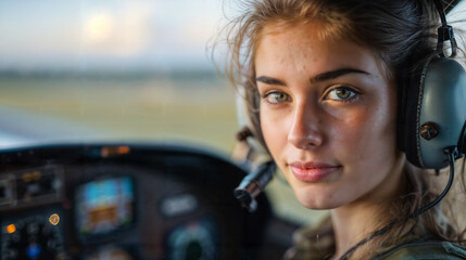 Young Female Pilot in Cockpit with Headset