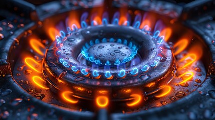 a blue and orange flames of a gas stove
