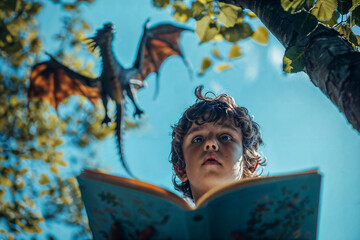 Child Reading a Fairy Tale Book Under a Tree with Imaginary Dragon