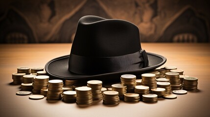 a hat and stacks of coins