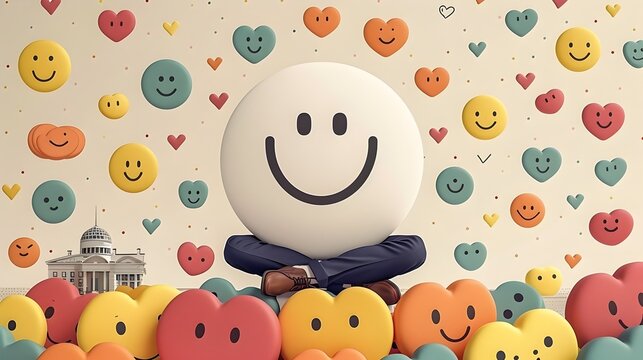 Businessman Sitting on Smiley Face Surrounded by Cheerful Symbols
