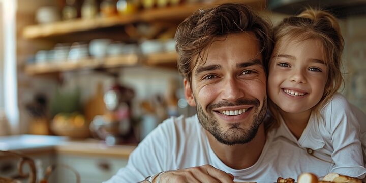 In the kitchen, a smiling dad enjoys breakfast with his cheerful daughter, embodying positive parenting.