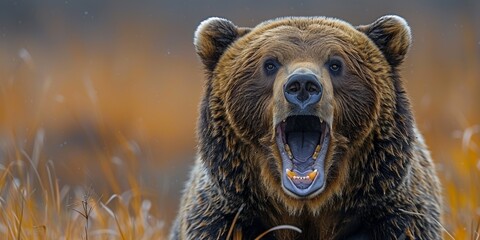 A huge, dangerous grizzly bear roars in the wilderness, its powerful presence dominating the landscape.