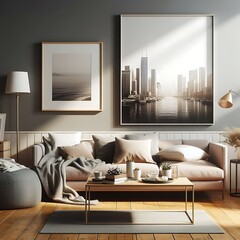 A living Room with a mockup poster empty white and with a couch and a coffee table art card design has illustrative image used for printing.
