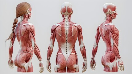 D Renderings of Human Anatomy Exposed from Multiple Perspectives Showcasing Muscles and Skeletal Structure