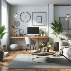 A living Room with a mockup poster empty white and with a couch and a desk art image card design image harmony.