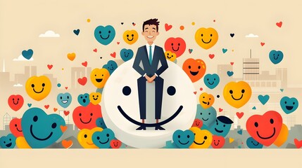 Successful Business Executive Sitting on Cheerful Smiley Symbol Surrounded by Vibrant Emotive