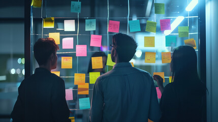 Creative Business Team Brainstorming in Front of Wall of Sticky Notes