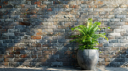 Pot with houseplant near brick wall