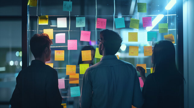Creative Business Team Brainstorming in Front of Wall of Sticky Notes