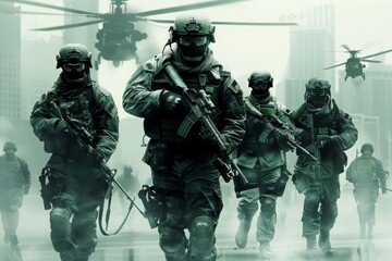 Heavily armed soldiers move strategically through a misty cityscape at dawn, exuding readiness and focus amidst the chaos of war.