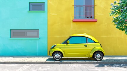 a small yellow car parked on a sidewalk next to a building