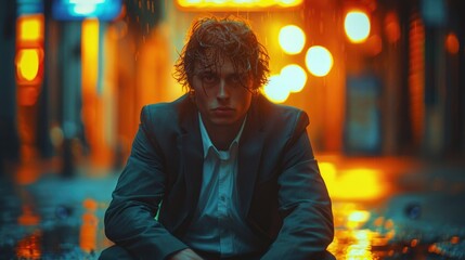 Obraz premium Man sitting on ground in rain