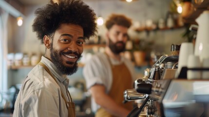 Smiling Baristas at Coffee Machine