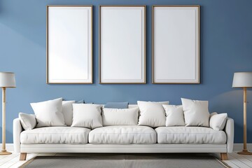 Frame mockup, ISO A paper size. Living room wall poster mockup. Interior mockup with house background. Modern interior design. 3D render