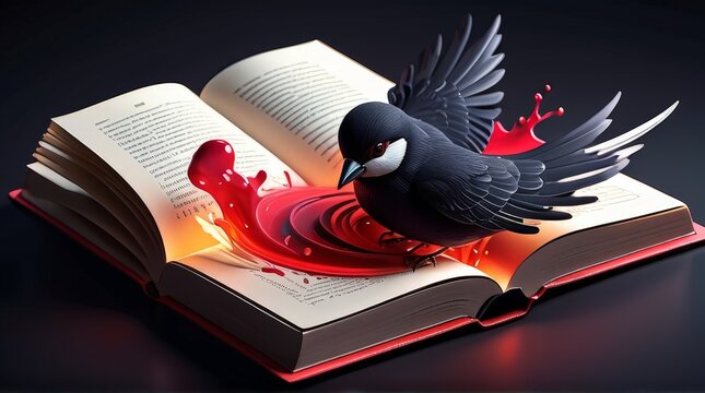 A detailed dramatic illustration of the book  , with red color dark magic splash, dark ghotic