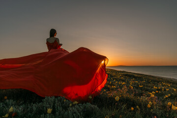 A woman in a red dress is standing in a field with the sun setting behind her. She is reaching up with her arms outstretched, as if she is trying to catch the sun. The scene is serene and peaceful. - Powered by Adobe