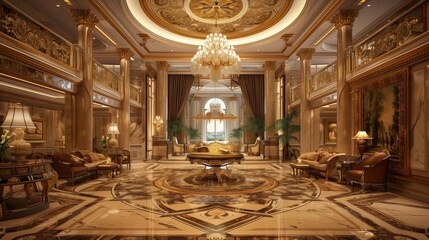 Elegant Hotel Lobby: Grand chandelier, marble floors, and luxury furnishings showcase sophistication.