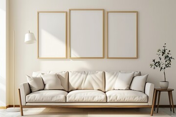 Fototapeta premium Frame mockup, ISO A paper size. Living room wall poster mockup. Interior mockup with house background. Modern interior design. 3D render