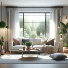 A living Room with a mockup poster empty white and with a couch and plants art has illustrative card design art.