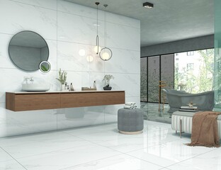 Luxurious bathroom interior with glossy marble walls and floor,  white furniture, white basin and circular mirror, glass window to the city view, shower area aside. 3D Illustrations. 3D Rendering