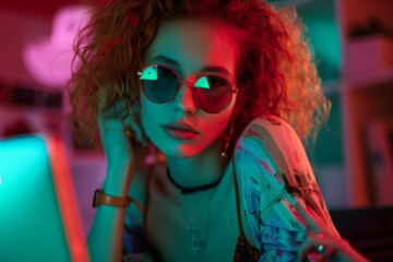 A stylish redhead wearing sunglasses, focusing intently on her laptop screen.