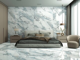 Minimal contemporary style white and grey marble floor bedroom, decorate with grey fabric bed set, white cozy bed and pillow, tv in front, sofa and office table aside. 3D Rendering