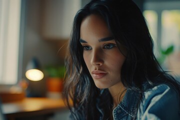 A dynamic young woman captivated by the digital world as she engages with her laptop computer.