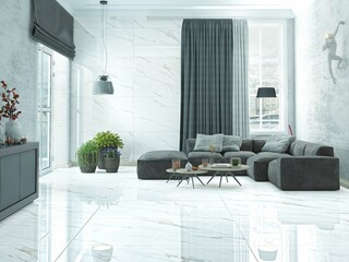 Precious living room interior with glossy white marble wall and floors, grey sofa set,  double coffee table at center, hanging chandelier, grey empty wall partition. 3D Rendering