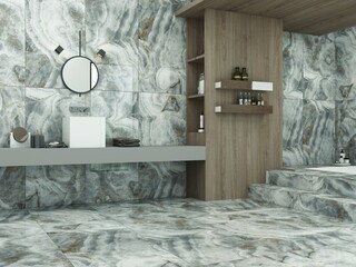Elegance bathroom interior with open to sky view, wooden textured ceramic bathtub, textured marble wall, wooden shelf for toiletries, circular mirror. Mock up. 3D Rendering