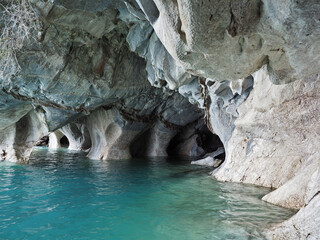 Marble Caves and Cathedral in Patagonia. Puerto Rio Tranquilo, in Chile. Huge marble deposits on the edge of the General Carrerra Lake creates caves, tunnels, and huge columns of pure marble. 