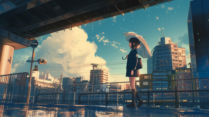 Illustration of a rainy city scene, a teenage girl, and a lonely atmosphere