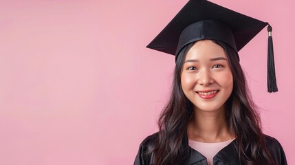 Joyous graduation scene, isolated on pastel, panoramic shot, soft light isolated on soft plain pastel solid background