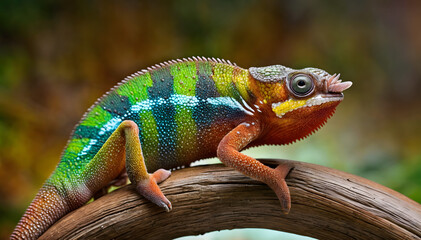 Fototapeta premium Colorful rainbow chameleon on a branch. Wildlife reptile wallpaper.