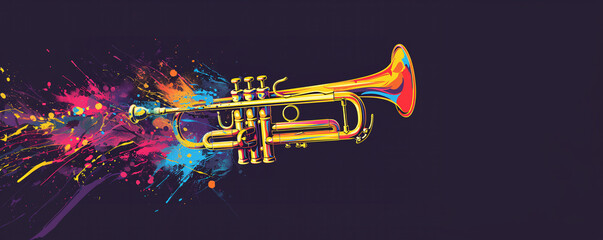A colorful trumpet with splashes of color is the main focus of this image.